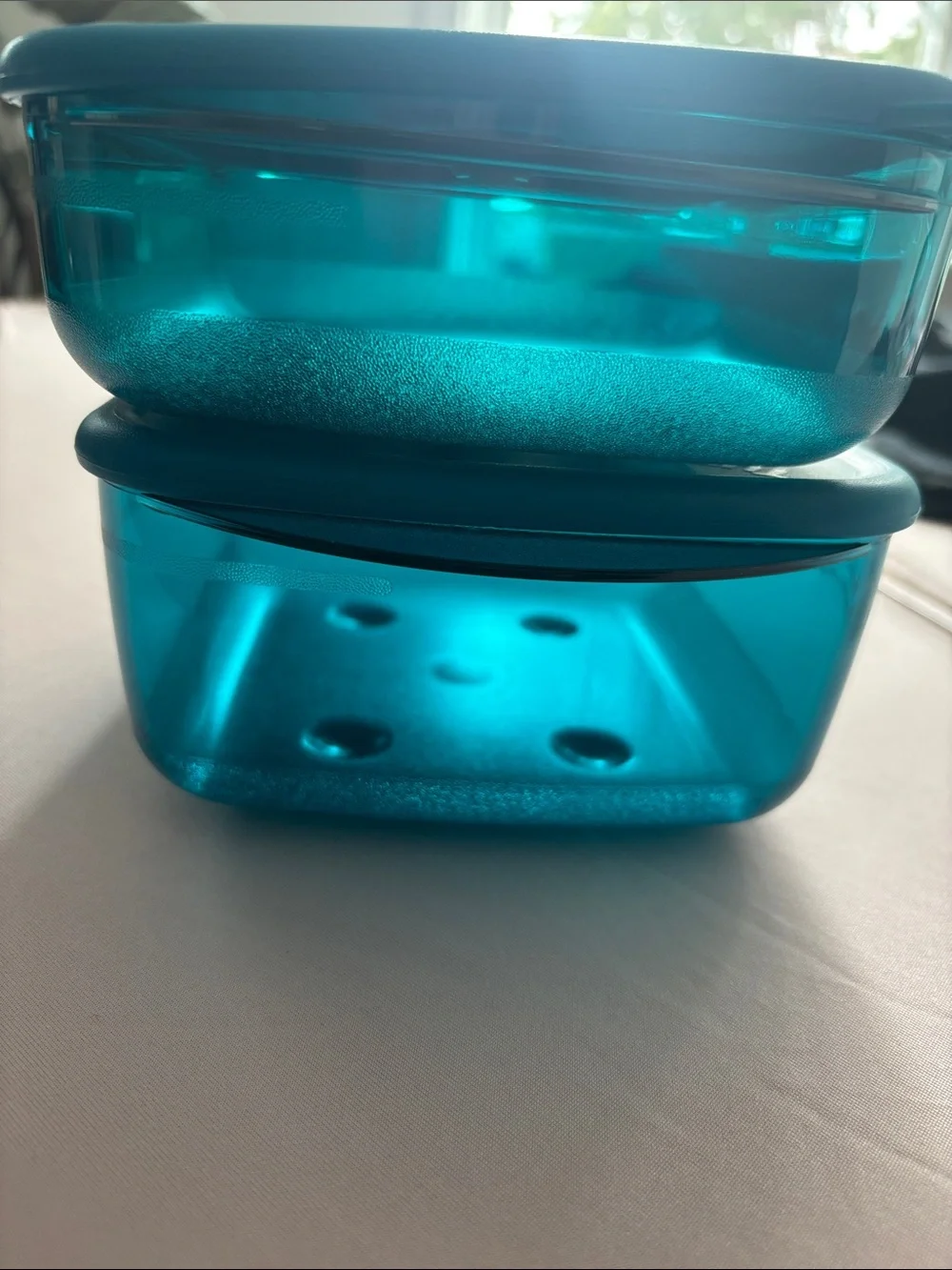 Tupperware Teal Blue Containers with Lime Green Vents (Pair)
